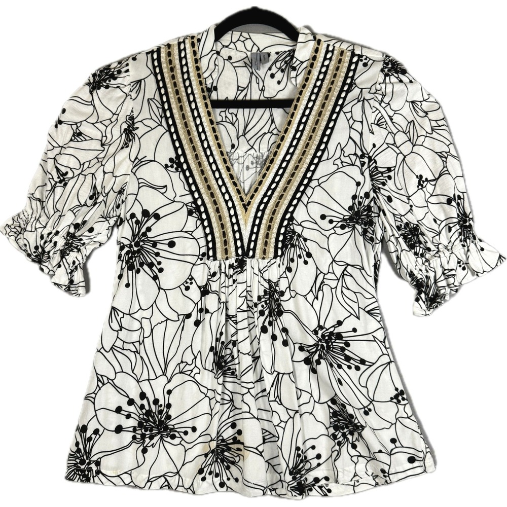 Blank London Blouse Women Small White Black Floral Beaded V-Neck Ruffle Sleeve